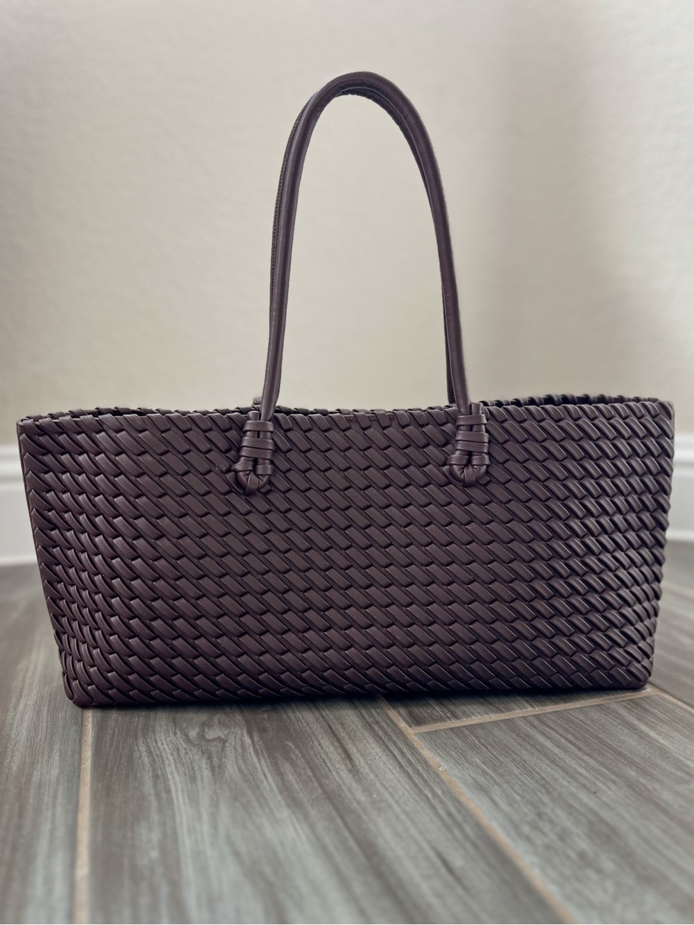 Zara Dark Burgundy Woven Long Twisted Tote Bag